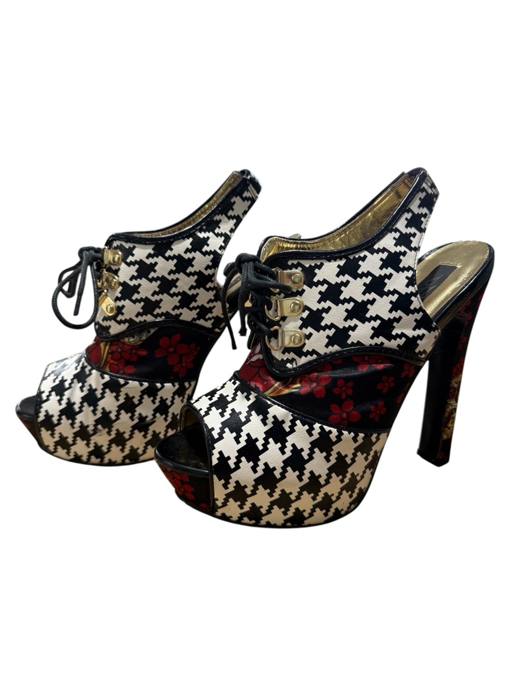 IRON FIST FOXTROT Platforms Houndstooth and Tattoo Floral Heels